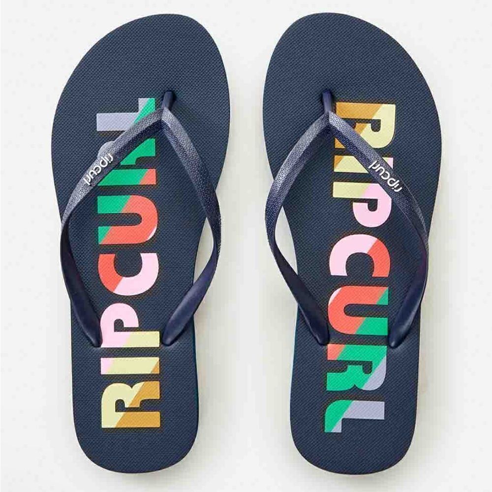 NWT New RIP CURL Rainbow Surf Revival Womens Flip Flop Navy Sandals 7 Vacation
